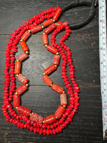 Bold Tribal Red Glass & Faux Coral Beaded Necklace  Multi-Strand African-Inspired Ethnic Statement Jewelry
