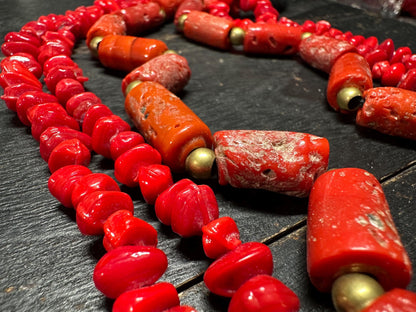 Bold Tribal Red Glass & Faux Coral Beaded Necklace  Multi-Strand African-Inspired Ethnic Statement Jewelry