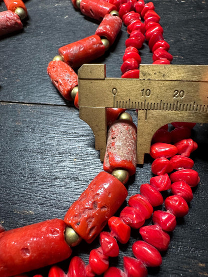 Bold Tribal Red Glass & Faux Coral Beaded Necklace  Multi-Strand African-Inspired Ethnic Statement Jewelry
