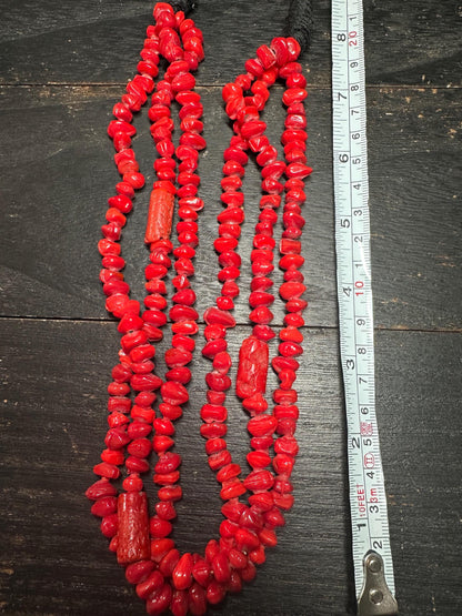 Bold Tribal Red Glass & Faux Coral Beaded Necklace  Multi-Strand African-Inspired Ethnic Statement Jewelry