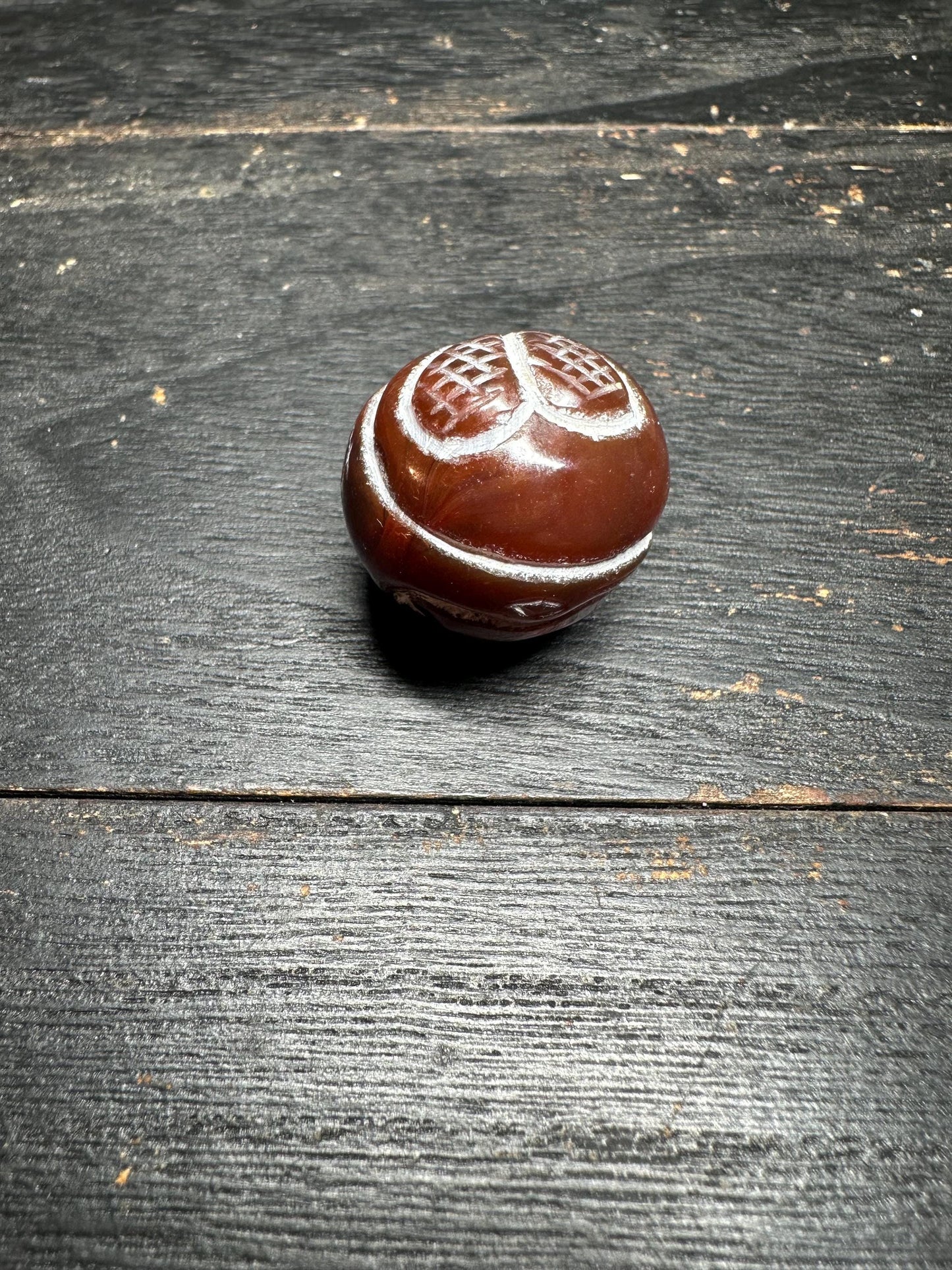 Hand Carved Brown Agate Bead: Tribal Pattern, Nepal Origin