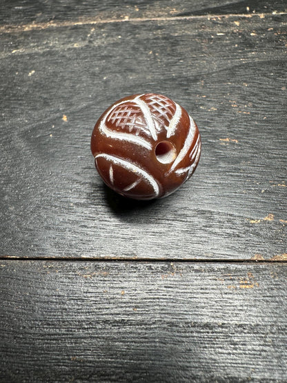 Hand Carved Brown Agate Bead: Tribal Pattern, Nepal Origin