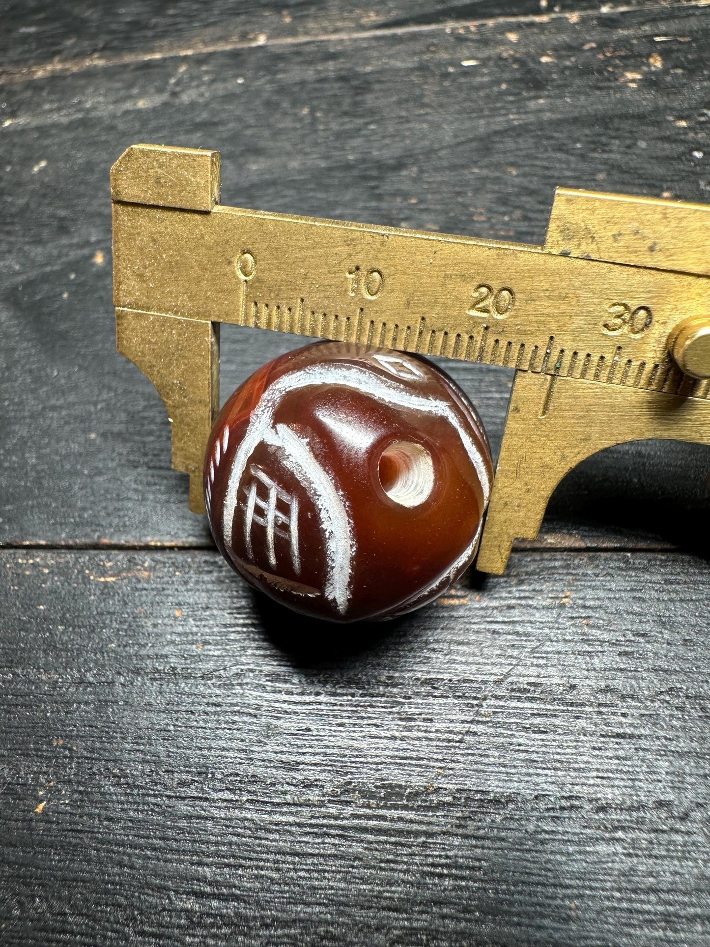 Hand Carved Brown Agate Bead: Tribal Pattern, Nepal Origin