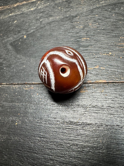 Hand Carved Brown Agate Bead: Tribal Pattern, Nepal Origin