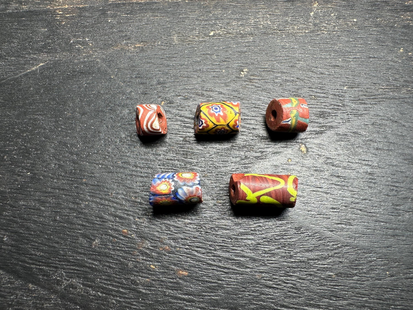 Antique Venetian Millefiori Beads  5 Rare African Trade Cylinder Glass Beads for Crafts & Design