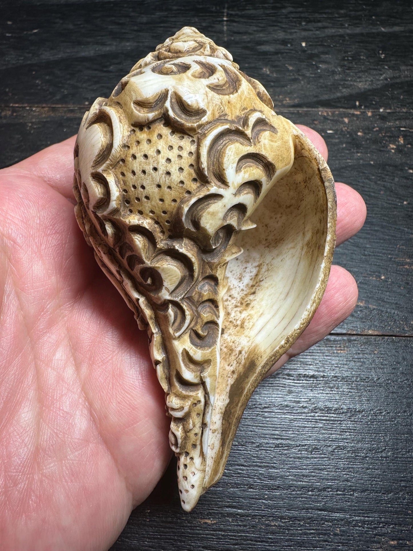 Hand-Carved Mahakala Conch Shell Trumpet | Tibetan Buddhist Ritual Horn | 4.8 Antique-Style Shell from Nepal