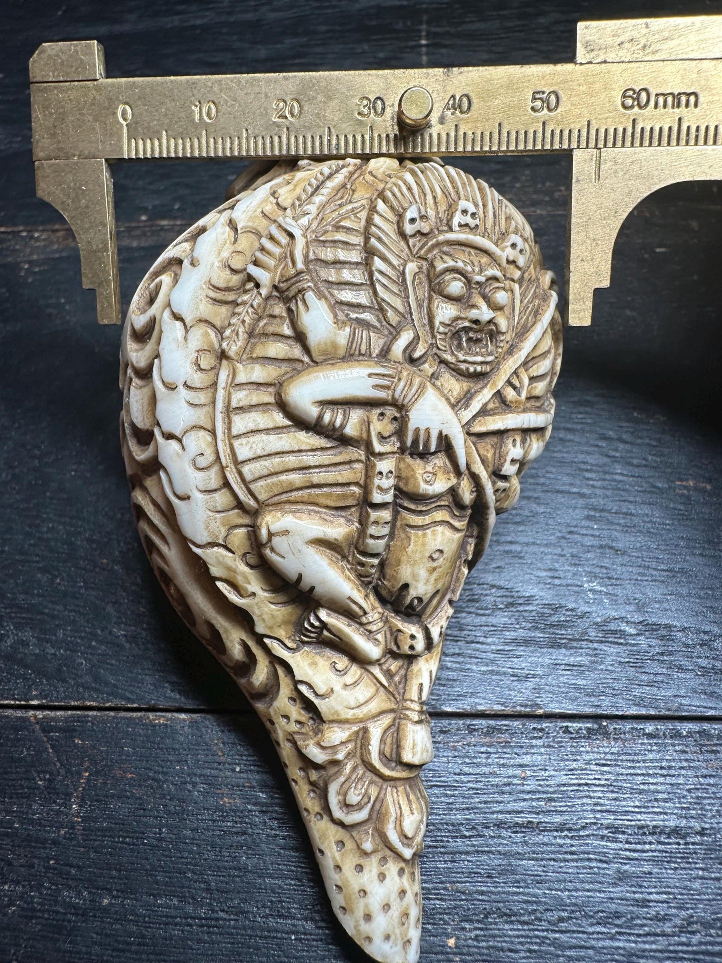 Hand-Carved Mahakala Conch Shell Trumpet | Tibetan Buddhist Ritual Horn | 4.8 Antique-Style Shell from Nepal