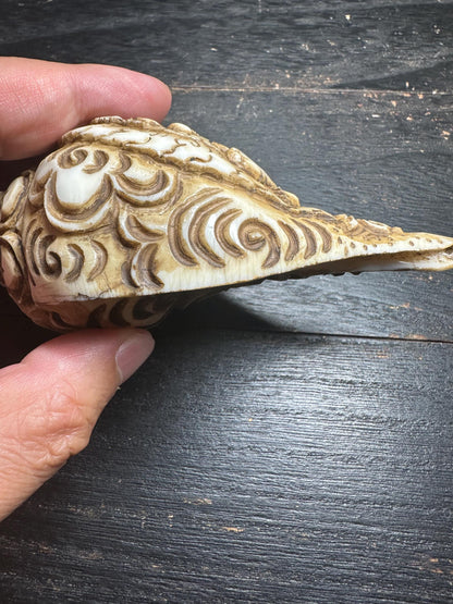 Hand-Carved Mahakala Conch Shell Trumpet | Tibetan Buddhist Ritual Horn | 4.8 Antique-Style Shell from Nepal