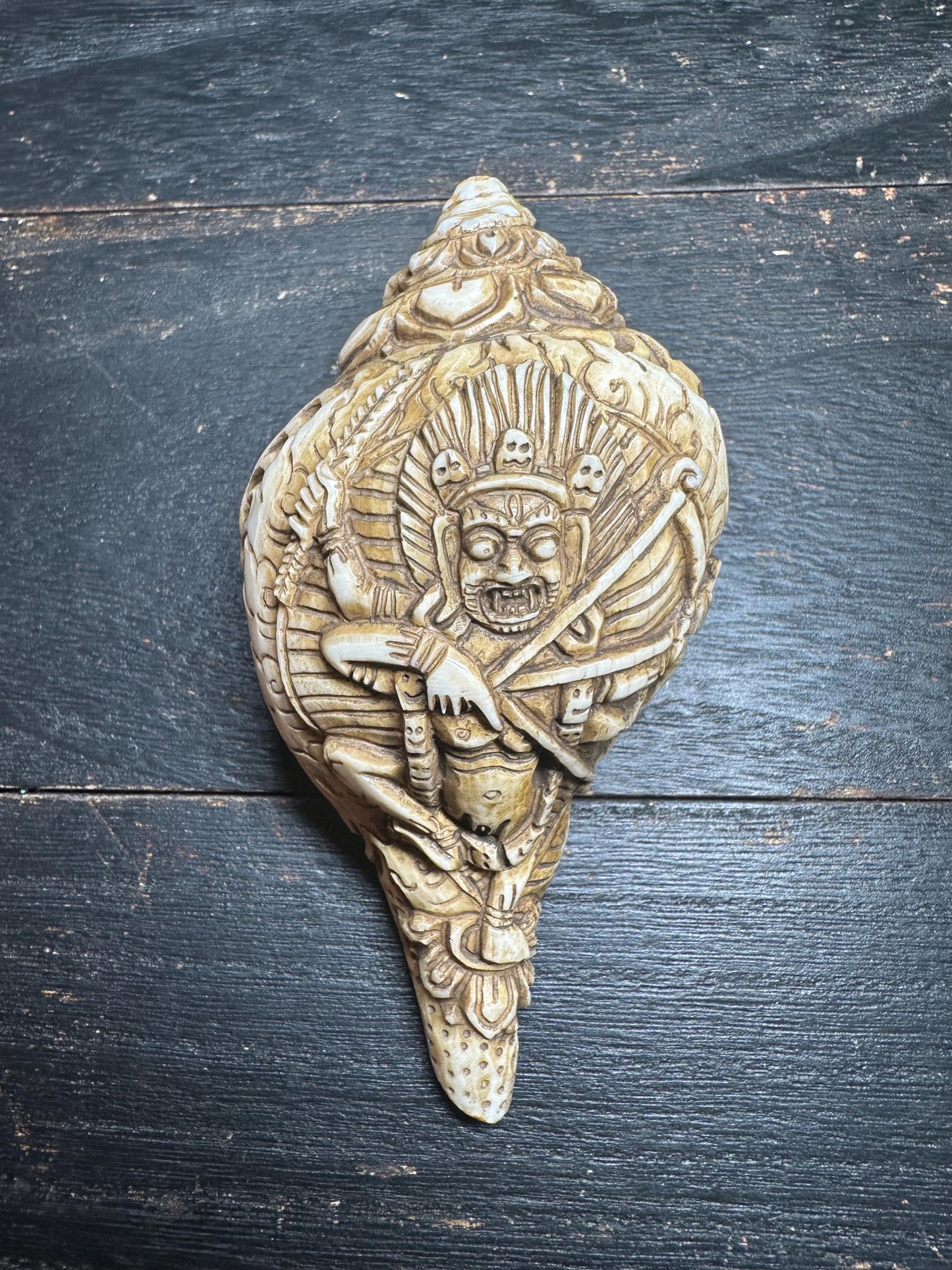 Hand-Carved Mahakala Conch Shell Trumpet | Tibetan Buddhist Ritual Horn | 4.8 Antique-Style Shell from Nepal