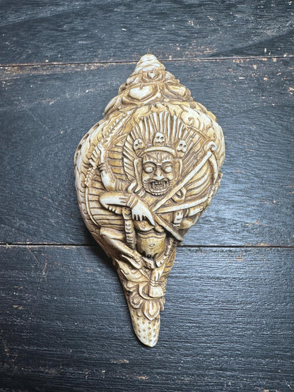 Hand-Carved Mahakala Conch Shell Trumpet | Tibetan Buddhist Ritual Horn | 4.8 Antique-Style Shell from Nepal