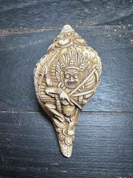 Hand-Carved Mahakala Conch Shell Trumpet | Tibetan Buddhist Ritual Horn | 4.8 Antique-Style Shell from Nepal