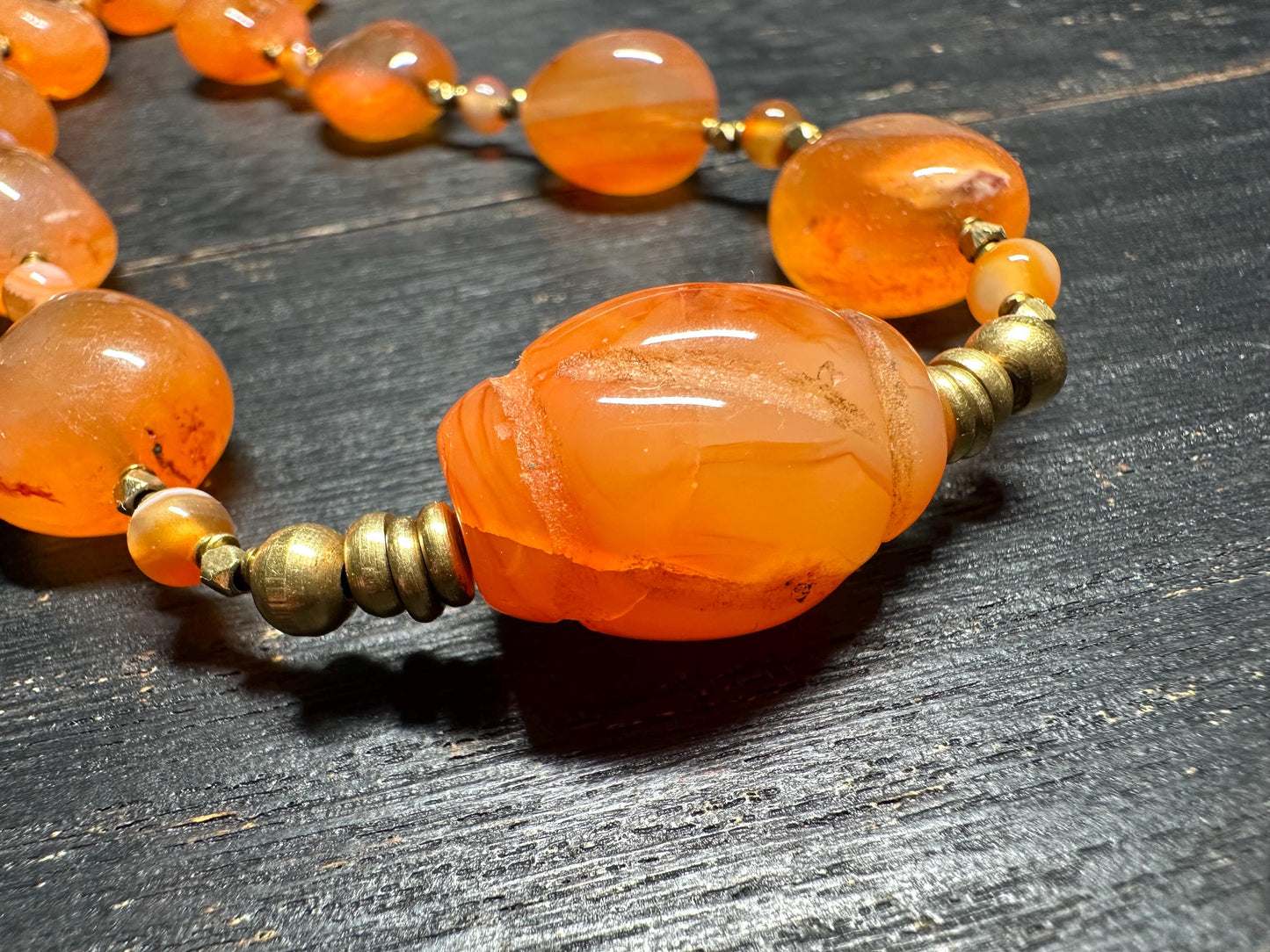 Handmade Nepal Carnelian Bead Necklace  Natural Orange Gemstone Tribal Jewelry with Brass Spacers