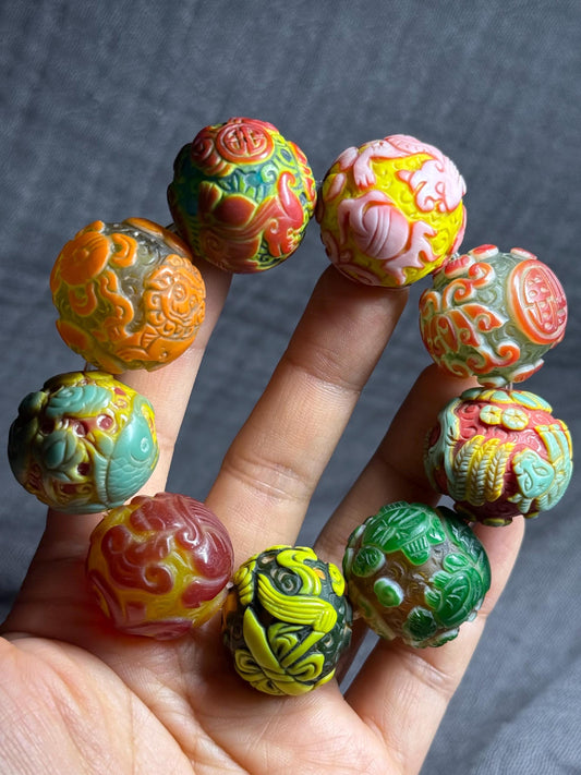 Vintage Peking Carved Glass Beads (25mm) Multicolor Lampwork Beads with Floral & Animal Motifs