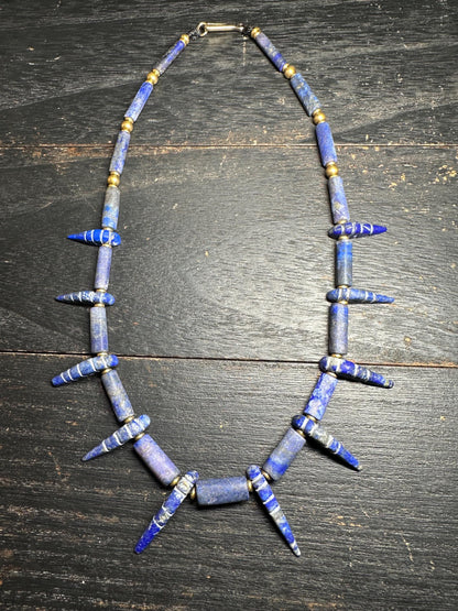 Unique Old Antique Natural Lapis Lazuli Necklace with Spikes  Handcrafted Tribal Jewelry from Afghanistan