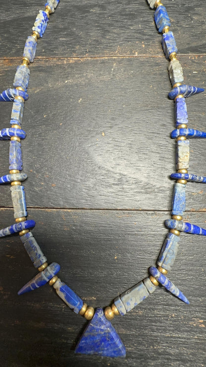Unique Old Antique Natural Lapis Lazuli Necklace with Spikes  Handcrafted Tribal Jewelry from Afghanistan