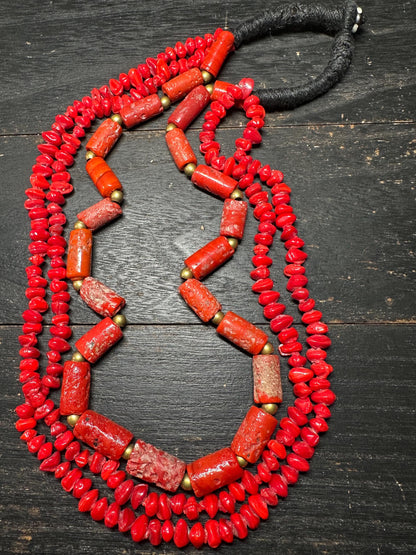 Bold Tribal Red Glass & Faux Coral Beaded Necklace  Multi-Strand African-Inspired Ethnic Statement Jewelry