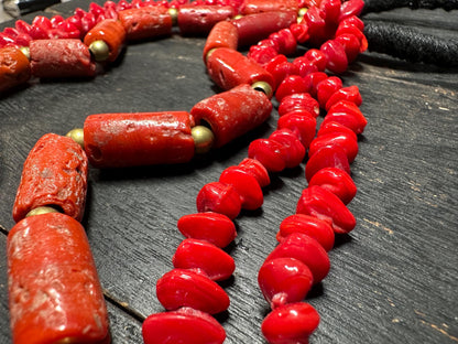 Bold Tribal Red Glass & Faux Coral Beaded Necklace  Multi-Strand African-Inspired Ethnic Statement Jewelry