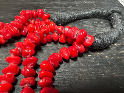 Bold Tribal Red Glass & Faux Coral Beaded Necklace  Multi-Strand African-Inspired Ethnic Statement Jewelry