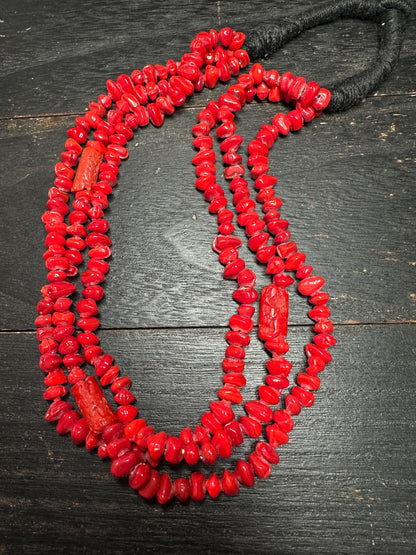 Bold Tribal Red Glass & Faux Coral Beaded Necklace  Multi-Strand African-Inspired Ethnic Statement Jewelry