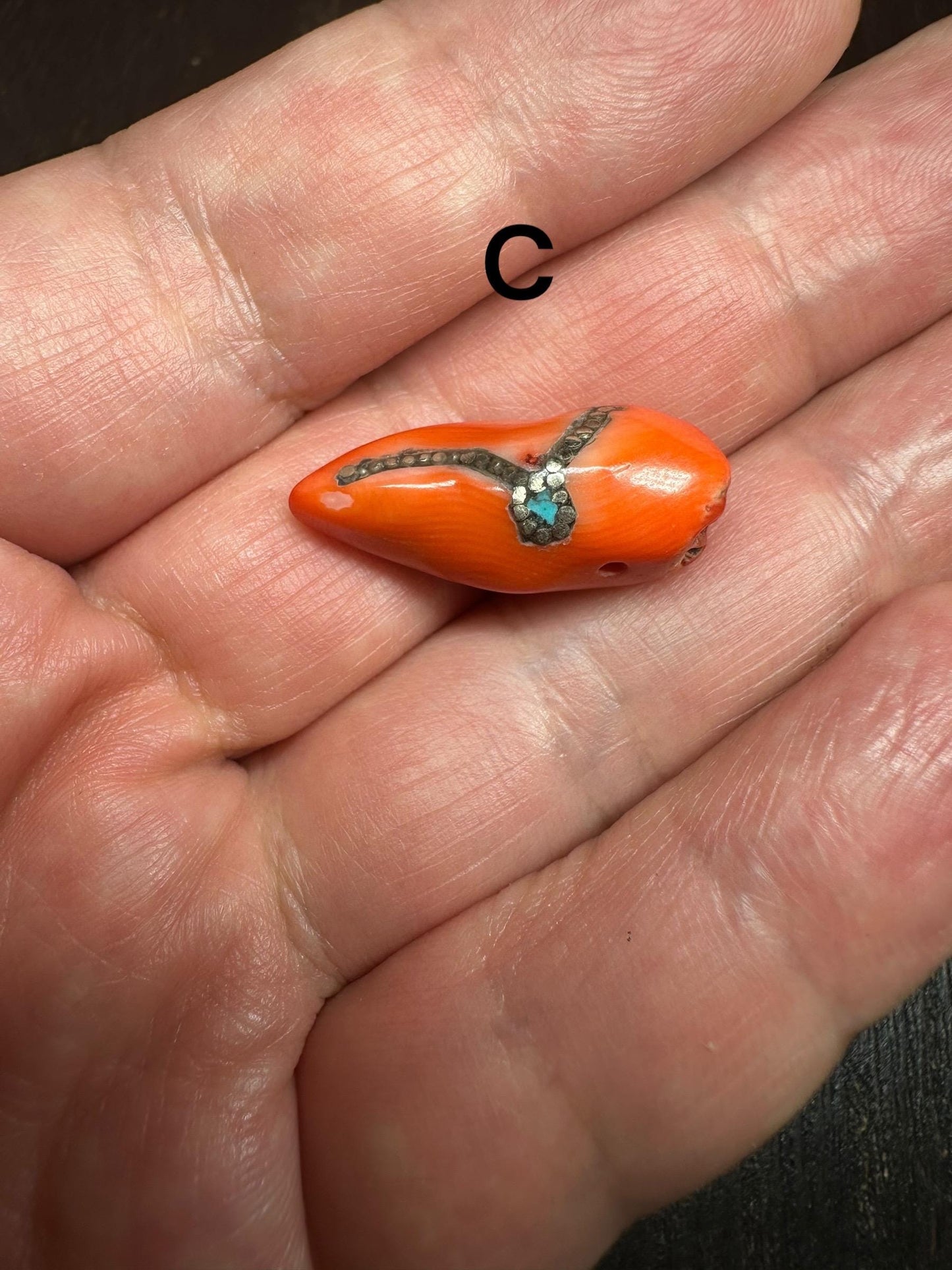 Red Coral Horn Pendant: Turquoise Inlay, Boho Ethnic Amulet