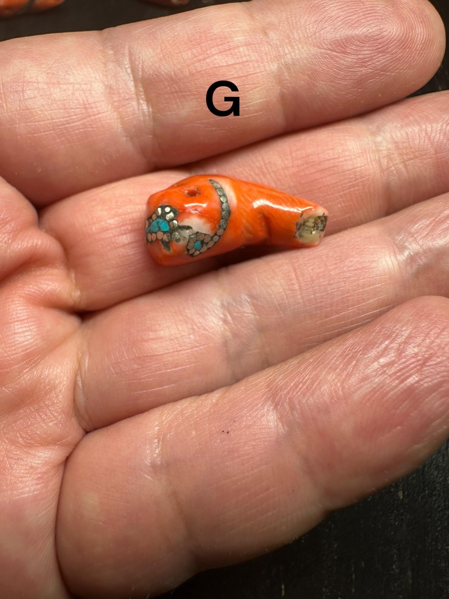 Red Coral Horn Pendant: Turquoise Inlay, Boho Ethnic Amulet