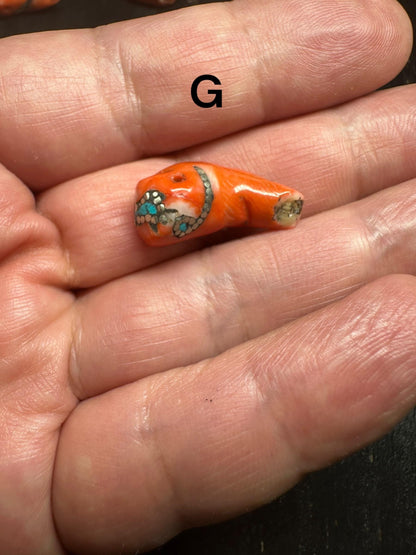 Red Coral Horn Pendant: Turquoise Inlay, Boho Ethnic Amulet