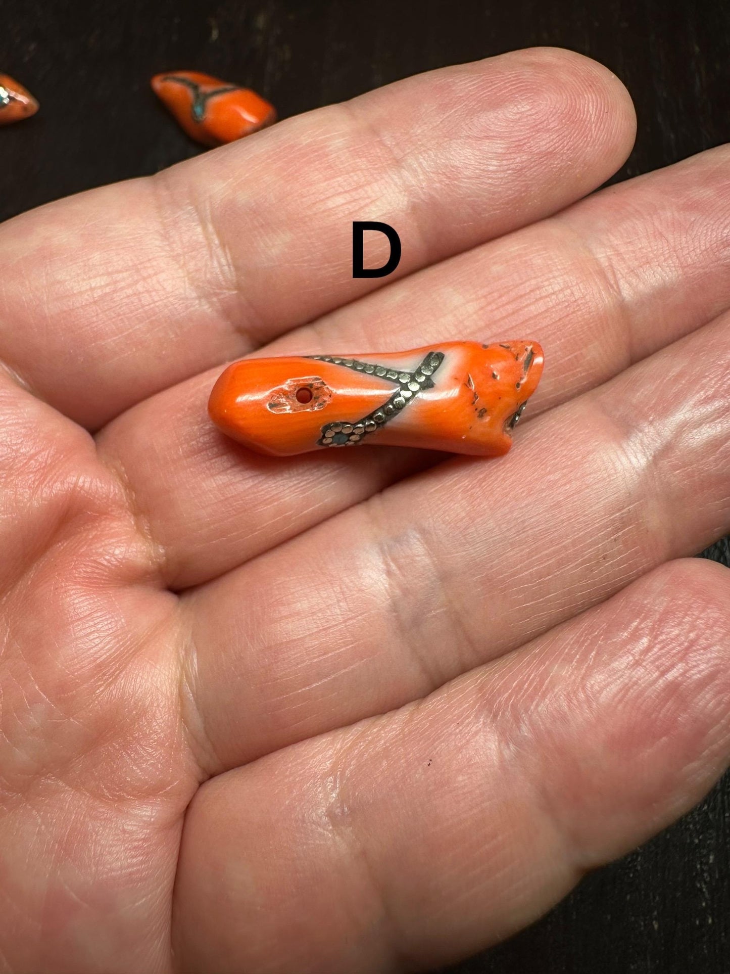 Red Coral Horn Pendant: Turquoise Inlay, Boho Ethnic Amulet