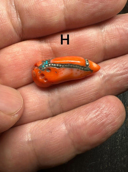 Red Coral Horn Pendant: Turquoise Inlay, Boho Ethnic Amulet