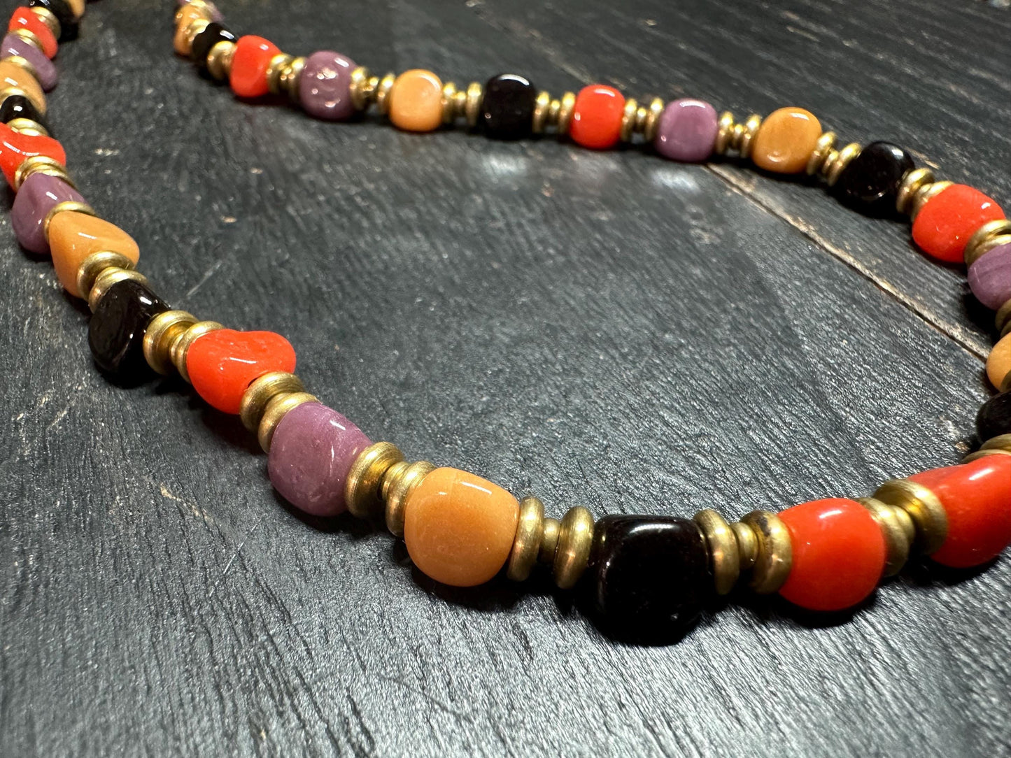 Vintage-Style Middle Eastern Glass Bead Necklace with Nepalese Brass Beads  Tribal Ethnic Jewelry