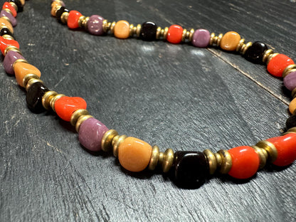 Vintage-Style Middle Eastern Glass Bead Necklace with Nepalese Brass Beads  Tribal Ethnic Jewelry