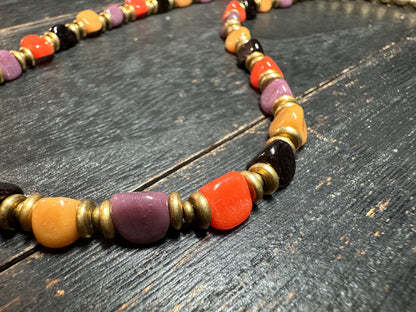 Vintage-Style Middle Eastern Glass Bead Necklace with Nepalese Brass Beads  Tribal Ethnic Jewelry