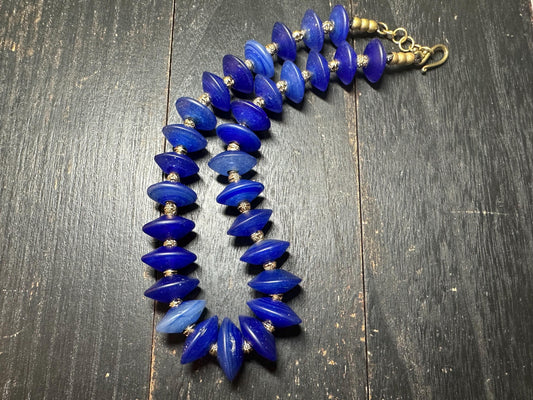 Vintage-Style Cobalt Blue Glass Bead Necklace from Nepal | Handmade Boho Tribal Jewelry