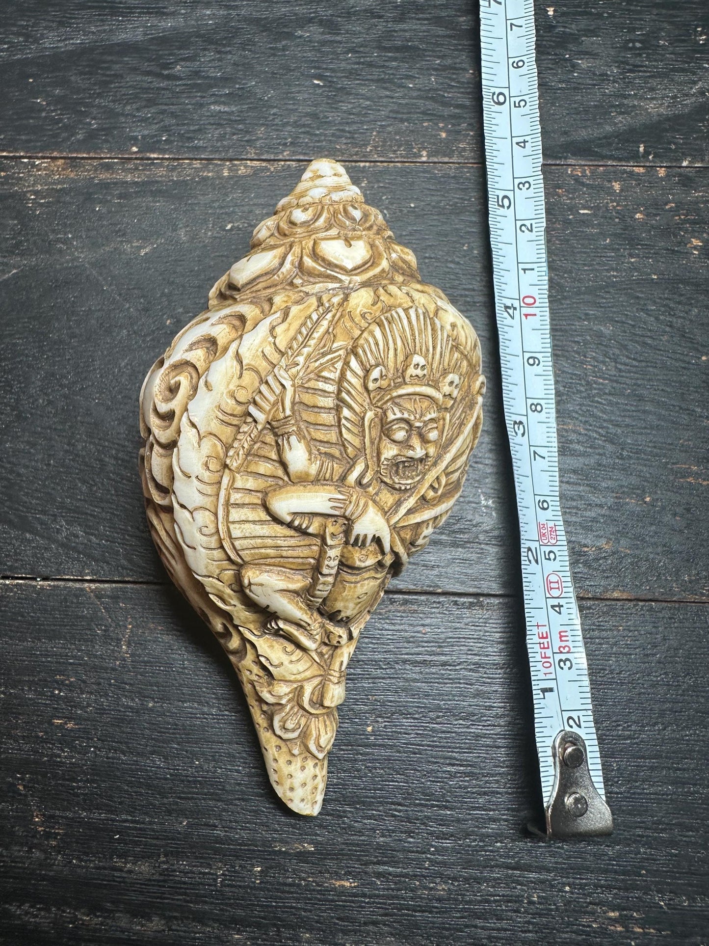 Hand-Carved Mahakala Conch Shell Trumpet | Tibetan Buddhist Ritual Horn | 4.8 Antique-Style Shell from Nepal
