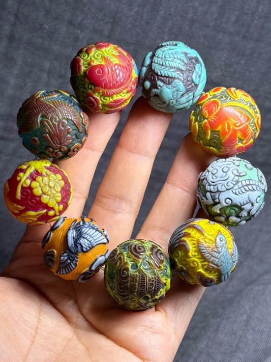 Vintage Peking Carved Glass Beads(25mm)  Lampwork Beads with Floral & Animal Designs