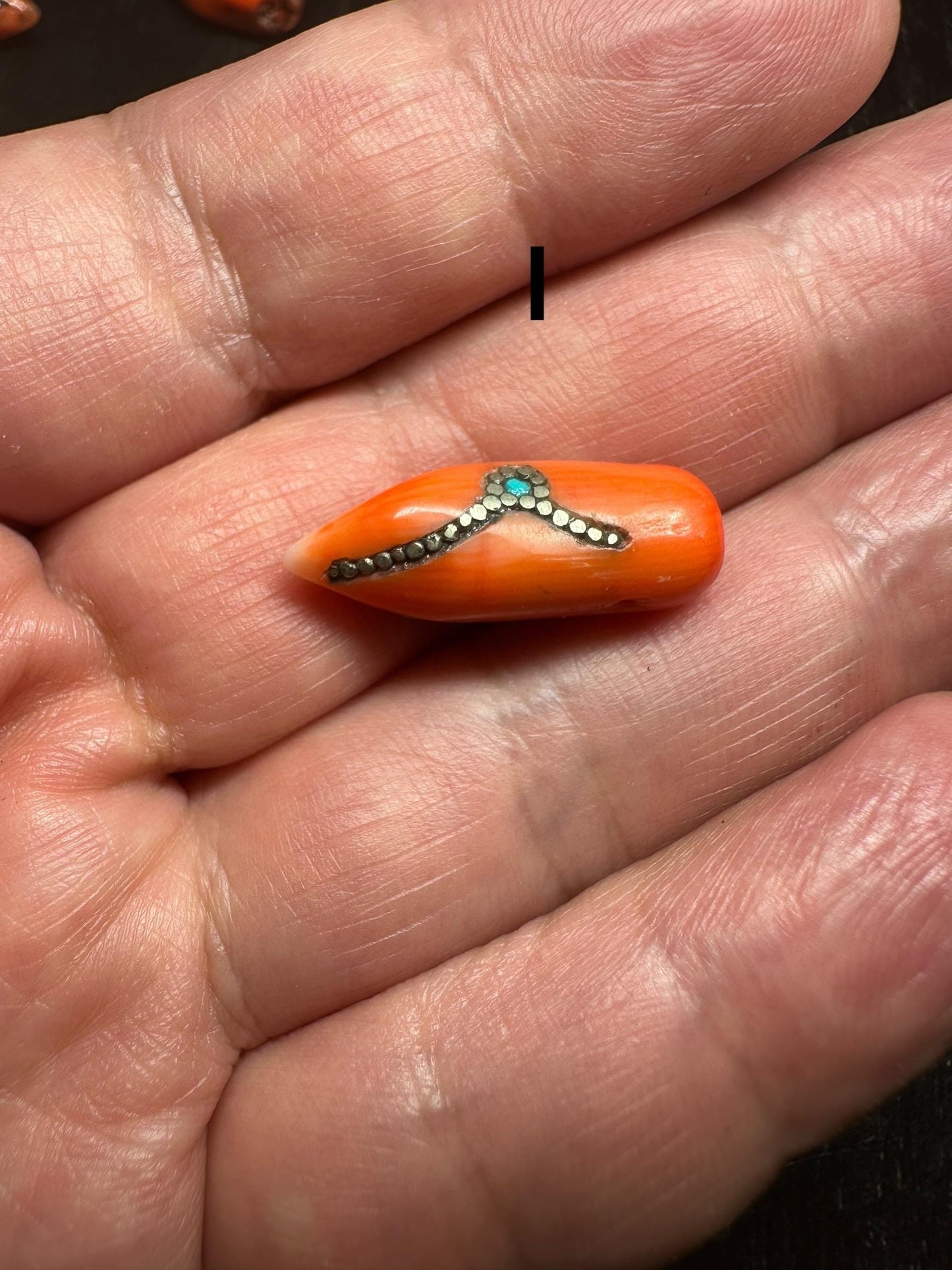 Red Coral Horn Pendant: Turquoise Inlay, Boho Ethnic Amulet