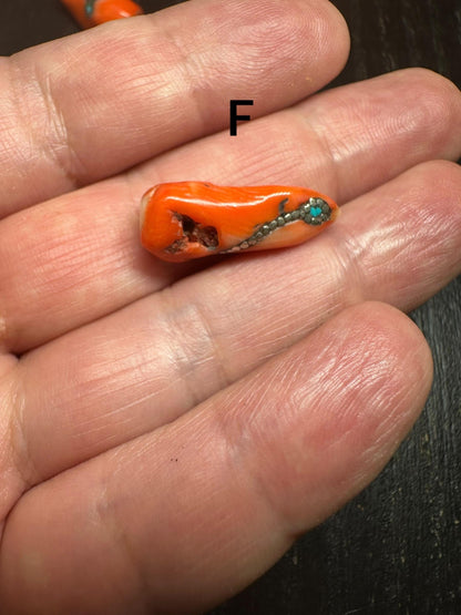 Red Coral Horn Pendant: Turquoise Inlay, Boho Ethnic Amulet