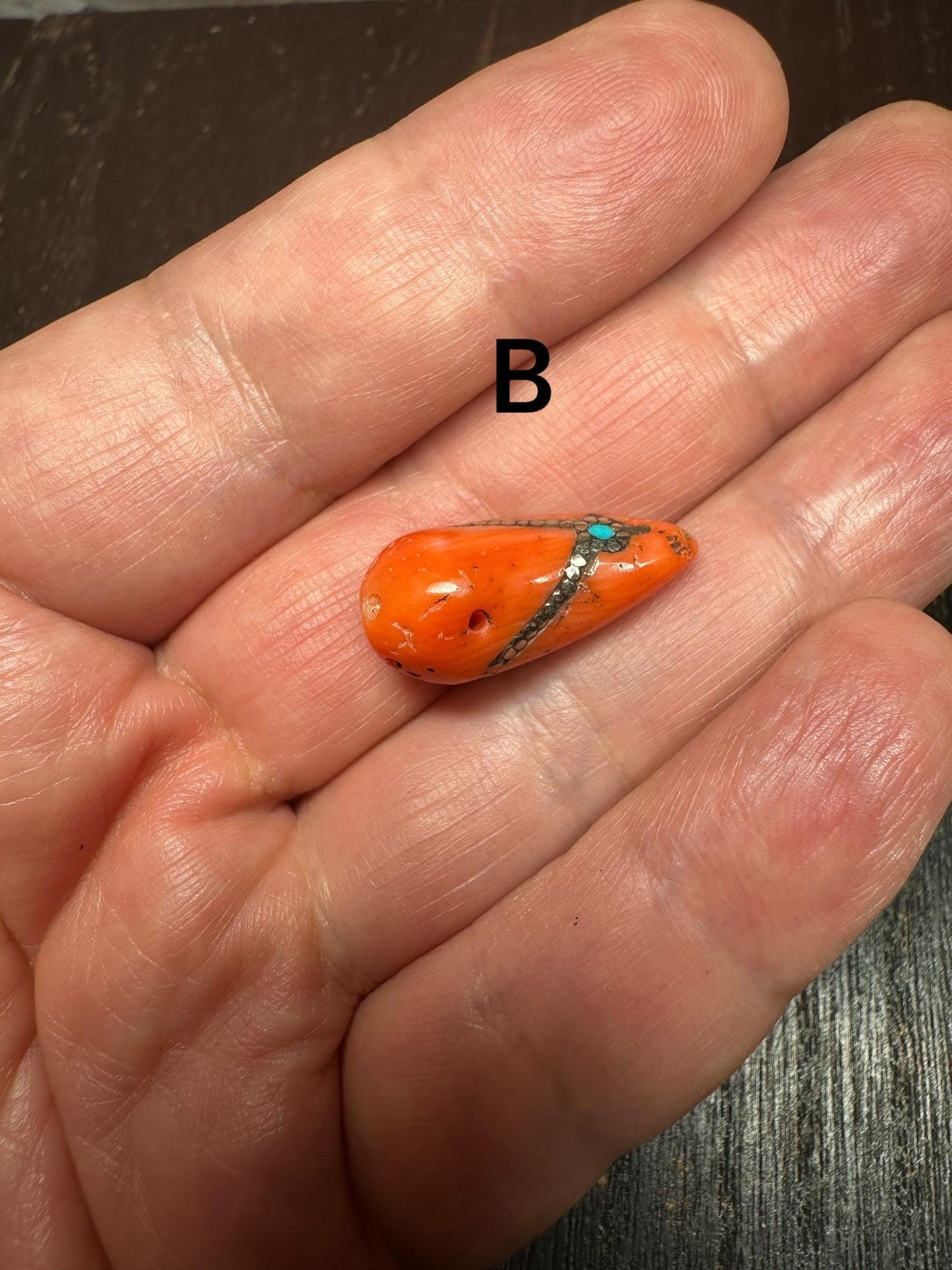 Red Coral Horn Pendant: Turquoise Inlay, Boho Ethnic Amulet