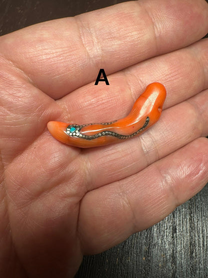 Red Coral Horn Pendant: Turquoise Inlay, Boho Ethnic Amulet