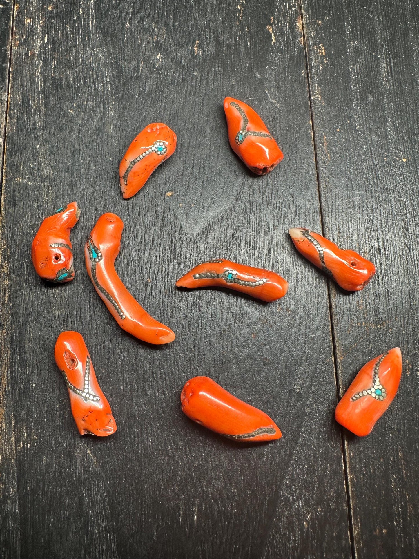 Red Coral Horn Pendant: Turquoise Inlay, Boho Ethnic Amulet