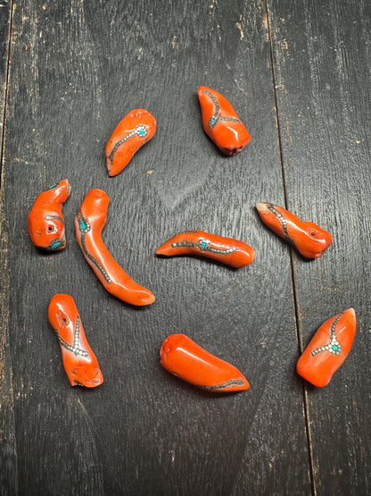 Red Coral Horn Pendant: Turquoise Inlay, Boho Ethnic Amulet