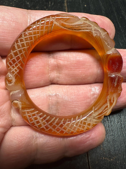 Tibetan Carnelian Ring Amulet  Hand-Carved Agate Bangle from Nepal, Vintage Ritual Jewelry