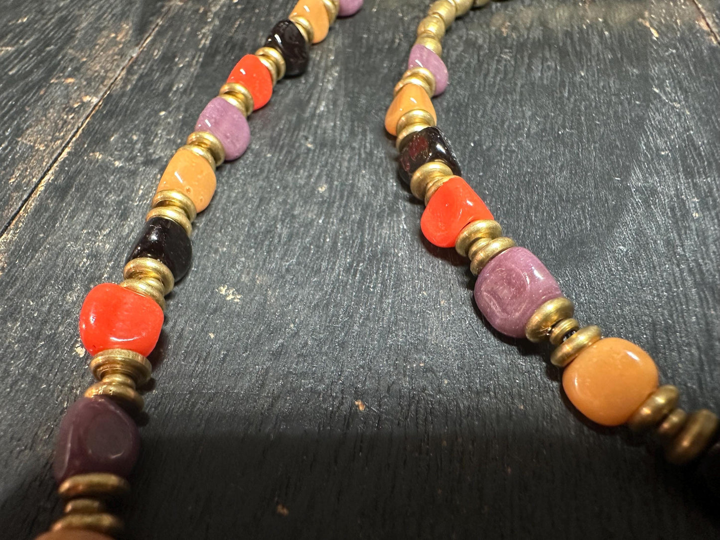 Vintage-Style Middle Eastern Glass Bead Necklace with Nepalese Brass Beads  Tribal Ethnic Jewelry