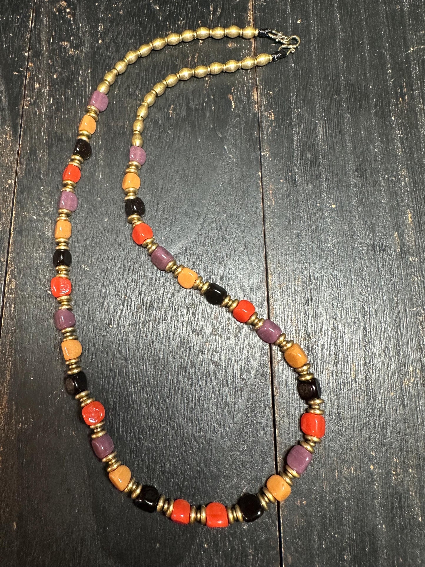 Vintage-Style Middle Eastern Glass Bead Necklace with Nepalese Brass Beads  Tribal Ethnic Jewelry