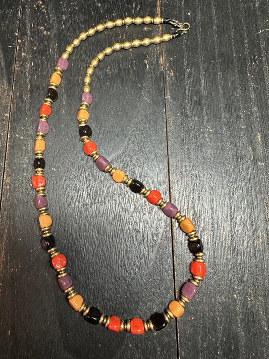 Vintage-Style Middle Eastern Glass Bead Necklace with Nepalese Brass Beads  Tribal Ethnic Jewelry