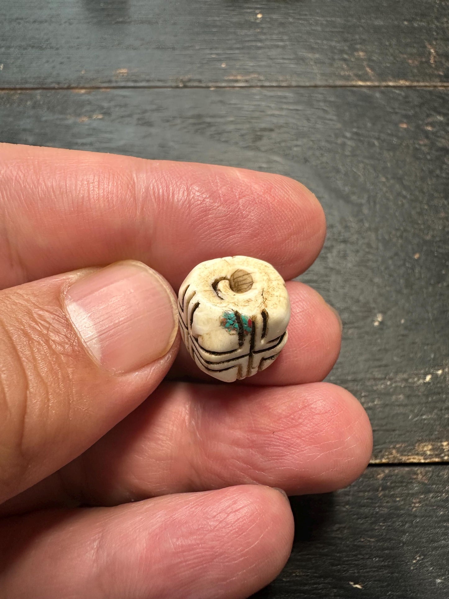 Hand-Carved Conch Shell Bead with Turquoise Inlay | Tibetan Mala Spacer Bead | Natural Shell Bead | Tribal Ethnic Jewelry Supply