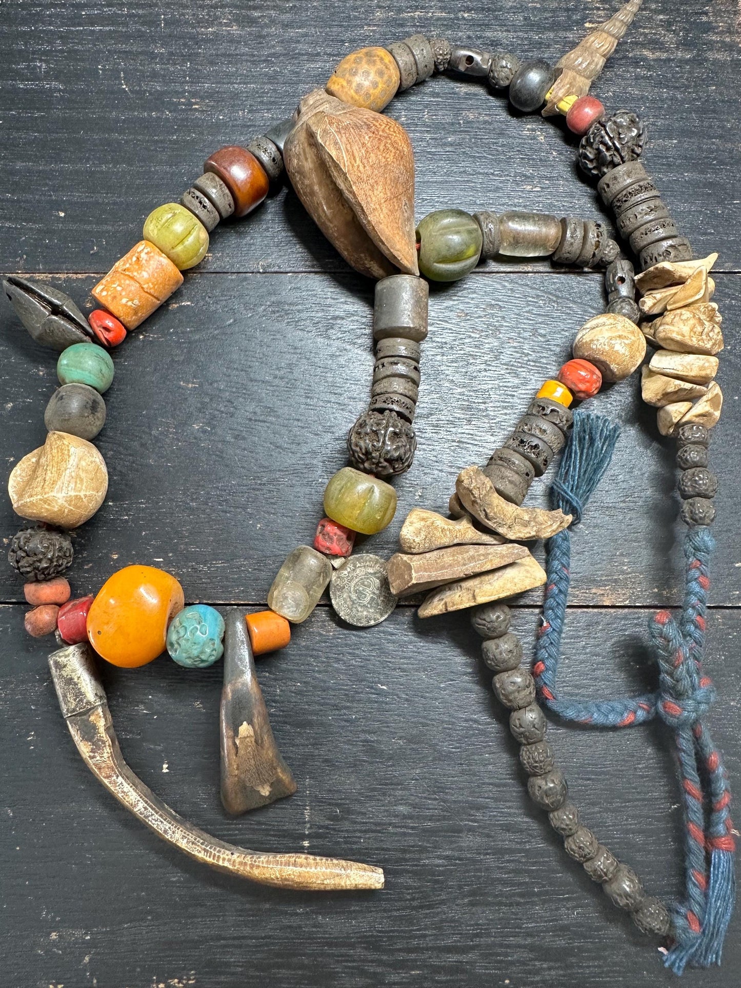 Himalayan Tribal Necklace: Bone, Rudraksha, Bagua Talisman