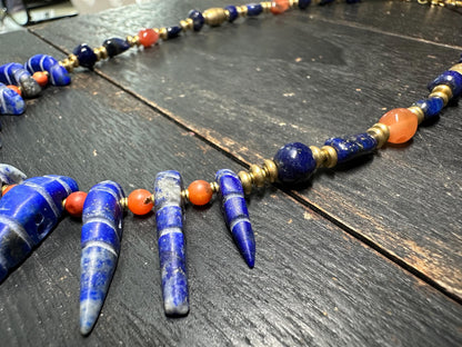 Natural Lapis Lazuli, Red Agate & Ostrich Shell Bead Necklace