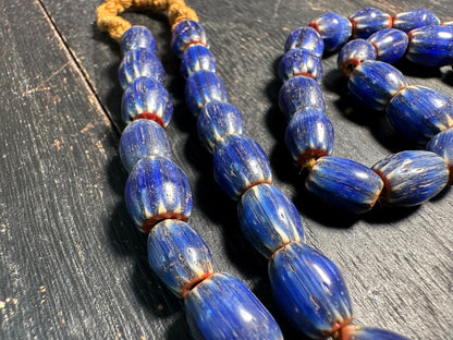 Vintage Blue Chevron Glass Bead Necklace: Nepal Trade Beads, 8-9mm