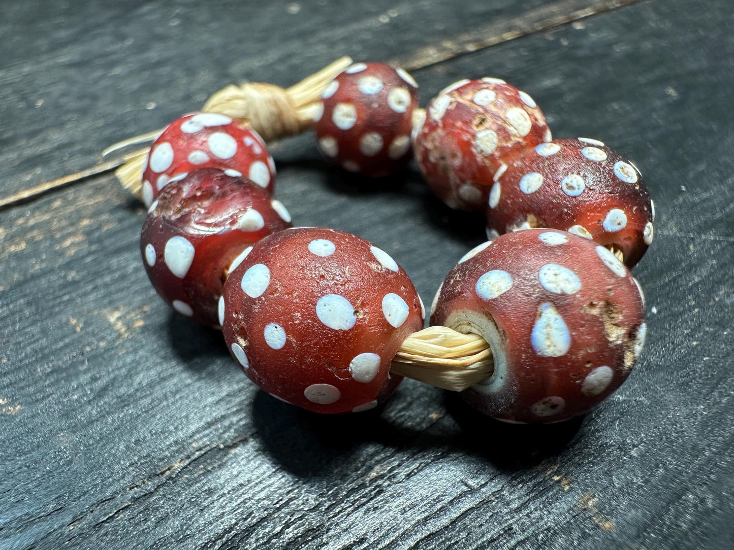Antique Venetian Skunk Eye Trade Beads: Red African Glass, Set of 7