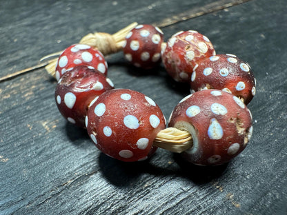 Antique Venetian Skunk Eye Trade Beads: Red African Glass, Set of 7